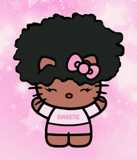 Afro Hello Kitty Pfp, Brown Hello Kitty Pfp, Light Skin Hello Kitty, Pfp Hello Kitty Black, Afro Hello Kitty, Pink Cartoon Aesthetic, Black Hello Kitty Pfp, Afro Kitty, Icon Afro