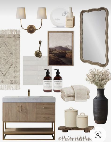 Bathroom Decor Transitional, Simple Neutral Bathroom Decor, Powder Room Mood Board Inspiration, Modern Traditional Decor Bathroom, Organic Bathroom Vanity, Modern Vintage Bathroom Ideas Master Bath, Vintage Modern Master Bath, Dream House Mood Board, Guest Bath Mood Board