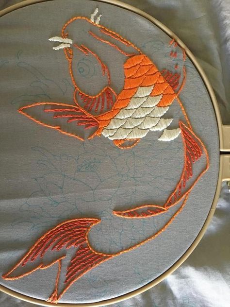 Koi Embroidery, Embroidery Patterns Machine, Embroidered Fish, Embroidery Online, Embroidery Stitches Tutorial, Pola Sulam, Simple Embroidery, Embroidery Patterns Free, Sewing Embroidery Designs