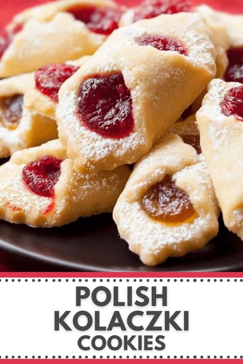 Kolaczki are traditional Polish cookies made with a cream cheese cookie base and filled with sweet jam. They are beautiful to look at, have delicious fillings are seriously addictive. Rugelach Cookies Recipes, Hungarian Apricot Cookies, Fold Over Cookies, Cookies Made With Jam, Slovak Cookies Christmas, Keiflies Cookies, Cookies With Pie Filling, Polish Pastry Recipes, Croatian Cookies Christmas