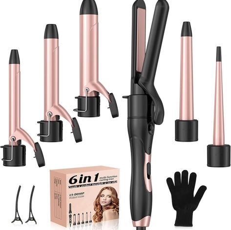 6 in 1 Curling Wand Set with Flat Iron Hair Straightener, 0.35 to 1.25 Inch Ceramic Barrel Hair Curler Wand, Professional Dual Voltage Hair Styling Hot Tools for Travel, Home Hair Curler Wand, Wand Curling Iron, Flat Iron Hair, Curling Wand Set, Vintage Waves, Iron Hair, Hair Straighteners Flat Irons, Curling Iron Hairstyles, Hair Straightening Iron