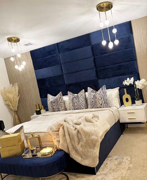 Blue And Gold Bedroom, Idea Bedroom, Lights Room, Decorations Lights, Decorations Bedroom, Home Decor Cozy, Blue Bedroom Decor, Luxury Room Bedroom, Rooms Decor