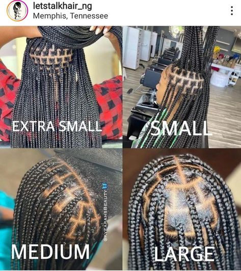 Braid Part Size Chart, Braiding Pattern For Knotless Braids, Knotless Size Chart, Knotless Braids Sizes, Knotless Braids Size Chart, Box Braids Sizes, Healthy Black Hair, Hair Braid Patterns, Knotless Braid