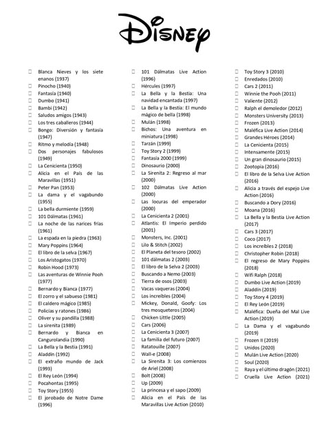 Lista de películas de Disney, Pixar y Live Actions en orden cronológico en español. All Disney Films List, Disney Movie List 2022, Disney Pixar Movies List, Disney Marathon List, Pixar Movies List, What To Watch On Disney+, Peliculas Aesthetic, Bullet Journal Ideas Español, List Of Disney Movies