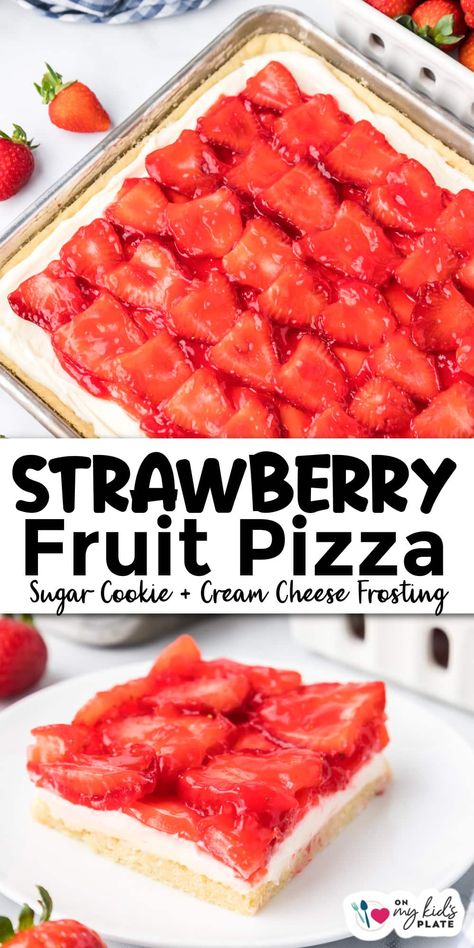 Glazed Strawberry Pizza is a dessert pizza that has a sugar cookie crust, and is topped with a cream cheese frosting layer, fresh strawberries and a sweet strawberry glaze! This sweet fruit pizza will be a hit with your family and friends, and is the best combination of cookie, pizza and strawberry pie! Chocolate Pudding Dessert Pizza, Strawberry Pizza Recipe, Strawberry Fruit Pizza, Glazed Strawberries, Fruit Pizza Cookies, Sugar Cookie Pizza, Strawberry Pizza, Pizza Fruit, Mini Fruit Pizzas