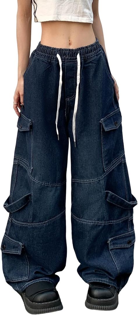 Baggy Jeans for Women High Waist Y2K Boyfriend Casual Loose Wide Leg Drawstring Cargo Pants with Pockets Y2k Boyfriend, Cargo Pants With Pockets, Baggy Jeans For Women, Baggy Cargo Jeans, Drawstring Cargo Pants, Drawstring Jeans, Teen Clothes, Clothes Diy, Quick Outfits