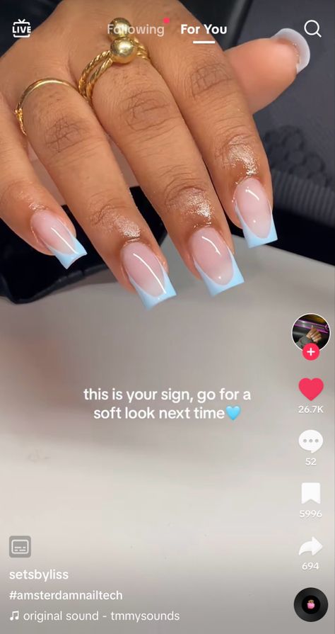 Blue French Tip Nails Black Women, Sky Blue French Tip 1 5 Nails, Light Blue Nails With Design Square, Sky Blue Nails French Tip, Light Blue French Tip Nail Designs, Light Blue And White Acrylic Nails, Soft Blue Nails Designs, Girly Acrylic Nails Blue, Pastel Blue French Tip Nails