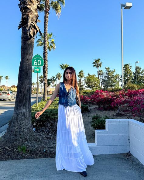 White maxi skirt & denim vest 🤍 Wearing my favourite denim vest from @freepeople Comment “LINK” and I’ll DM you 🫶🏻 Denim vest- @freepeople Maxi skirt- @hollister Bag- @jwpei_official Boots- @hm #summeroutfit #maxiskirt #denimvest #outfitoftheday #summerfashion Maxi Skirt Denim, White Maxi Skirt, White Maxi Skirts, Instagram White, Skirt Denim, White Maxi, Denim Vest, My Favourite, Hollister