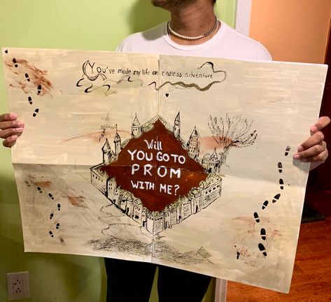 Harry potter marauder’s map inspired promposal Promposal Ideas Harry Potter, Harry Potter Homecoming Proposal, Harry Potter Hoco Proposals, Harry Potter Promposal, Friend Promposal, Hoco Asks, Prom Signs, Prom Posals, Hoco Posters