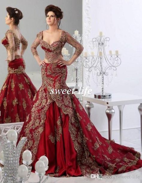 Traditional Crop Top Two Pieces Wedding Dresses Mermaid Sweetheart 2016 Indian Jajja-Couture Burgundy Bridal Evening Gowns with Sleeves Lace Online with $164.93/Piece on Sweet-life's Store | DHgate.com Women In Red, Orang India, Baju Kahwin, Wedding Dresses Mermaid Sweetheart, Red Wedding Dress, Saree Bollywood, Long Sleeve Wedding Gowns, Mermaid Prom Dresses Lace, Two Piece Wedding Dress