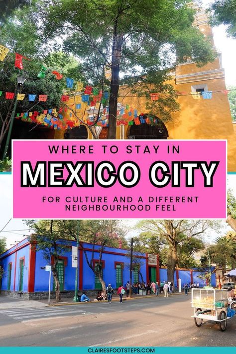 Colorful flags and architecture in Coyoacan, ideal for those exploring Mexican culture on their Mexico travel journey and seeking unique Mexico City neighborhoods. Aztec History, Latin Culture, Mexico Hotels, Safe Neighborhood, Mexico City Mexico, Neighborhood Guide, Airport City, Mexico Vacation, Budget Hotel