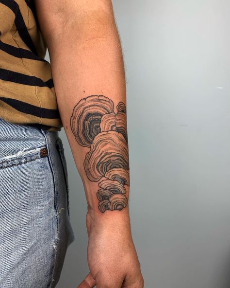 Small Earthy Tattoos, Mushroom Tattoo Design, Trippy Tattoo Ideas, Turkey Tail Mushrooms, Trippy Tattoo, Earthy Tattoos, Mushroom Tattoo, Tattoos To Cover Scars, Turkey Tail Mushroom