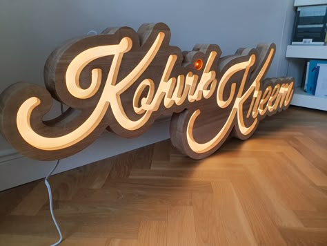 One of the most beautiful custom project we have delivered so far, two 1500x500 mm OAK signs with LED lights... just stunning! (and heavy!) Lighted Signage, Led Installation, Wooden Carved Signs, Wood Company, Wood Logo, 3d Signs, Illuminated Signs, Farm Logo, Wooden Name Signs