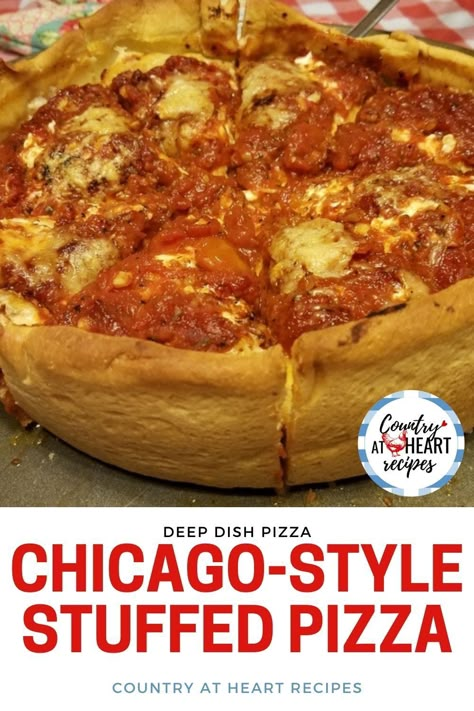 Here's my take on Chicago-Style Stuffed Pizza. This pizza takes a lot of ingredients and some effort, but the results are AMAZING! Plus, it makes two giant pizzas, plenty for a family gathering. Trust me, your kids will love you for doing this! #chicagostylestuffedpizza #chicagostylepizza #stuffedpizza #deepdishpizza #pizza #italian #countryatheartrecipes https://countryatheartrecipes.com/2019/01/chicago-style-stuffed-pizza Chicago Pizza Dough Recipe, Chicago Stuffed Pizza, Chicago Pizza Recipe, Chicago Deep Dish Pizza Recipe, Pizza Deep Dish, Deep Dish Pizza Dough, Chicago Style Deep Dish Pizza, Stuffed Pizza, Deep Dish Pizza Recipe