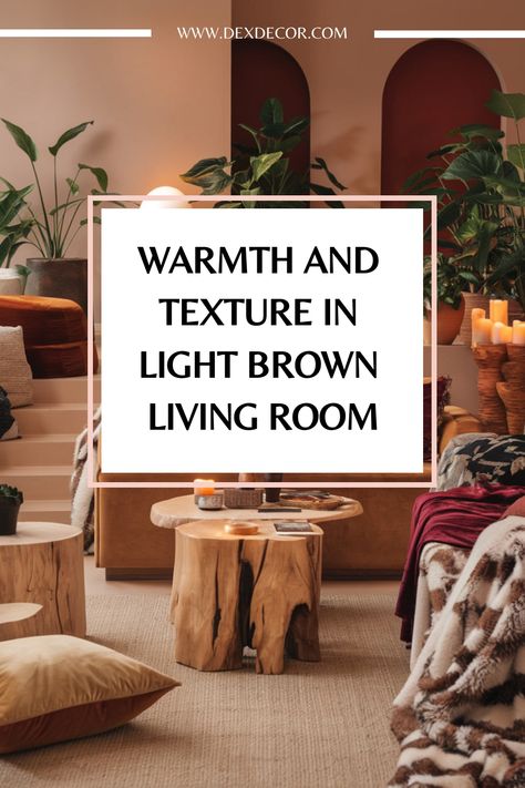 Cozy living room with light brown tones, featuring wooden furniture, plants, and warm lighting. Warm Decor Living Room, Light Brown Sofa Living Room Ideas, Light Brown Living Room, Light Brown Couch, Brown Living Room Ideas, Brown Couches, Warm Living Room Decor, Neutral Living Room Colors, Brown And Cream Living Room