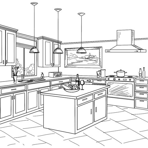 Kitchen Layout Drawing Easy, Kitchen One Point Perspective, Kitchen Drawing Sketch, Kitchen Design Drawing, Cabinet Drawing, Corner Shelf Design, Interior Design Sketchbook, Kitchen Construction, Kitchen Drawing