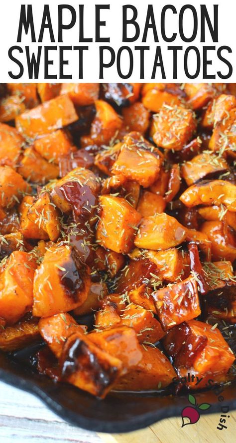 Maple Bacon Sweet Potatoes Recipe - While sweet potato side dish recipes are most common in fall, these maple bacon sweet potatoes with bits of salty bacon are worth a second glance year-round. Using freshly roasted chunks of sweet potatoes that are skillet bound and glazed in maple syrup, these soft, tender potatoes are more savory than overly sweet. #sweetpotatoes #sidedish @SaltySideDish Sweet Potato Side Dish Recipes, Potato Side Dish Recipes, Thanksgiving Sweet Potato Recipes, Maple Glazed Sweet Potatoes, Savory Sweet Potato Recipes, Savory Sweet Potato, Sweet Potato Bacon, Sweet Potato Side Dish, Sweet Potato Recipes Roasted