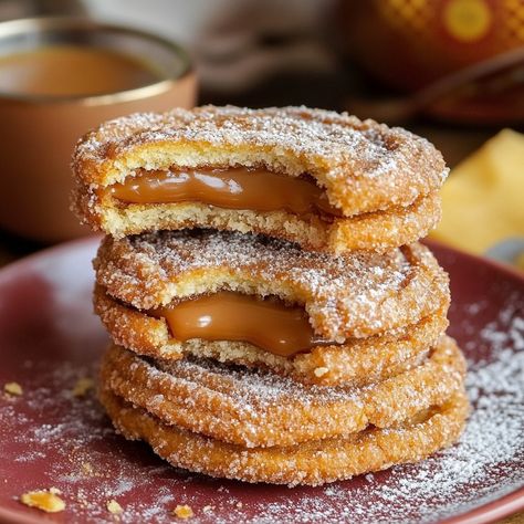 If you love the warm, cinnamon-sugar goodness of churros and the gooey decadence of caramel, then these Churro Cookies Filled with Caramel are going to steal your heart. Imagine a Cinnamon Sugar Churro Cookies, Churros Cookies Recipe, Gourmet Cookie Flavors, Boozy Cookies, Gourmet Cookie Recipes, Churros Cookies, Sugar Cookie Bites, Filled Churros, Churro Cookies