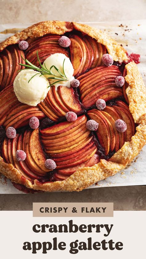 This cranberry apple galette is filled with tart cranberry sauce, thinly sliced apples, all wrapped in a crispy and flaky pie crust. It's the easiest kind of pie you can make and it's perfect for the holidays! #galette #cranberryapple #holidaybaking | teakandthyme.com Apple Cranberry Galette, Cranberry Apple Galette, Apple Cranberry Dessert, Holiday Tarts, Apple Cranberry Pie, Cranberry Tart, Apple Tart Recipe, Cranberry Dessert, Cranberry Pie