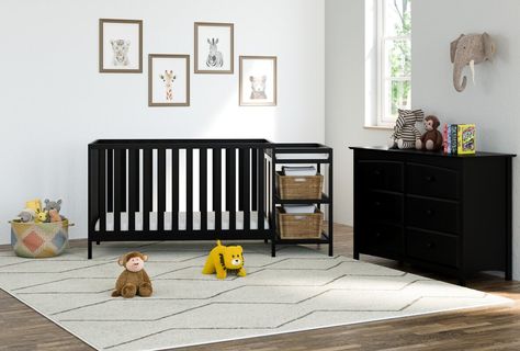 Pacific 4-in-1 Convertible Crib and Changer Combo Black Crib Nursery, Crib Conversion Kit, Black Crib, Baby Cribs Convertible, Best Crib, Dresser Set, Toddler Mattress, Adjustable Mattress, Dresser Sets