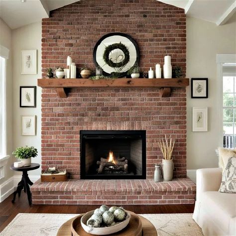 Red Brick Fireplace Decor, Red Brick Fireplace Mantle, Brick Fireplace Living Room, Brick Color Palette, Corner Brick Fireplaces, Brick Fireplace Mantles, Brick Fireplace Ideas, Red Brick Fireplace, Sunroom Fireplace