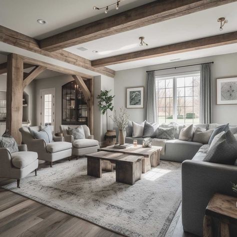 Grey Modern Farmhouse Living Room, Grey Wood Floors Living Room, Grey Modern Farmhouse, Grey Farmhouse Living Room, Grey Flooring Living Room, Grey Walls Living Room, Living Room Wood Floor, Grey Couch Living Room, Modern Rustic Living Room