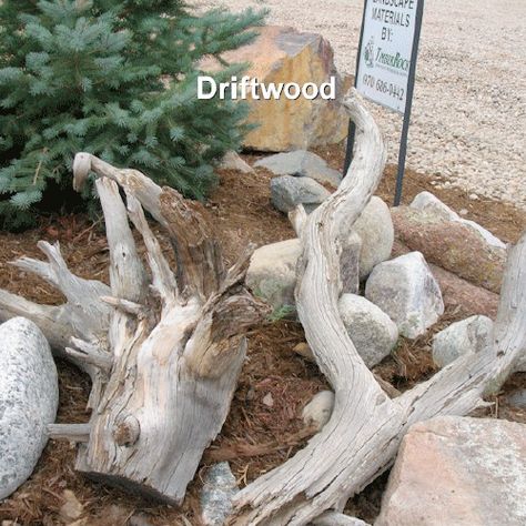 Moss Rock & Driftwood - TimberRock Landscape Center in Northern Colorado Driftwood Landscaping Ideas, Nautical Garden Ideas, Nautical Landscaping, Beach Theme Garden, Flower Garden Wallpaper, Wildlife Garden Design, Driftwood Garden, Xeriscape Front Yard, Landscaping Rocks