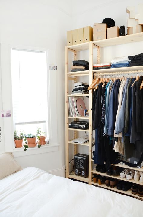 MJ's bedroom lacks a closet as well, so an IKEA IVAR shelving unit holds her clothes, shoes, and accessories. Open Closet Storage, Ikea Ivar Shelves, Makeshift Closet, Ivar Regal, Closet Solutions, Small Closet Space, Ikea Closet, Ikea Ivar, No Closet Solutions