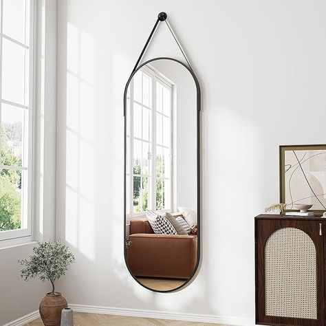 Amazon.com: ZMYCZ Full Length Mirror, Oval Wall Mounted Mirror, 48"x16" Door Mirror Full Length with Hanging Leather Strap, Wall Mirror Full Length with Aluminum Frame for Bathroom Living Room Entryway (Black) : Home & Kitchen Hanging Mirror With Strap, 3 Hanging Mirrors, Front Entrance Mirror And Hooks, Ikea Mirrorblack, Oitdoor Mirror, Target Mirro, Oval Mirror Hanging From Ceiling, Wall Slat Mirror, Mirror Attached To Ceiling