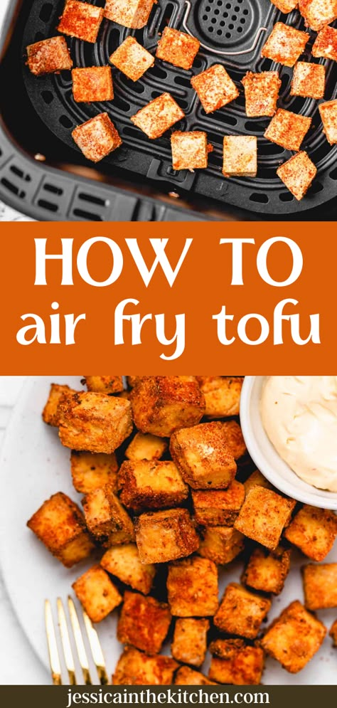 Crispy Air Fried Tofu Recipe, Basic Tofu Recipe, Air Fryer Teriyaki Tofu, Tofu Tacos Air Fryer, Cooking Tofu In Air Fryer, Tofu Bites Air Fryer, Airfryer Tofu Easy, Vegan Tofu Air Fryer Recipes, Marinated Air Fryer Tofu