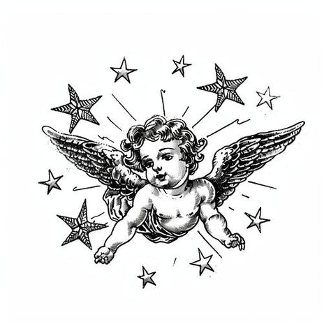 Cherub Tattoo Art Kit Medieval Tattoo Flash, Cherub Tattoo Designs, Tattoo Sizes, Cherub Art, Tattoo Png, Electric Tattoo, Cherub Tattoo, Christian Graphic Design, Mommy Tattoos