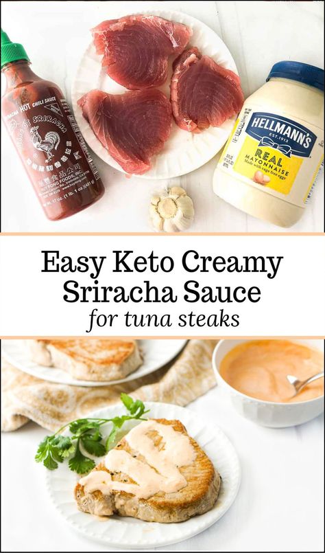 This keto creamy sriracha sauce goes great with meaty fresh tuna steaks. It's a simple recipe but packed with flavor. With only 4 ingredients you can make this low carb high protein dinner in 15 minutes! And you will want to use the creamy sriracha sauce with everything and there is only 0.4g net carbs in 1 tablespoon! Tuna Steak Dipping Sauce, Dipping Sauce For Tuna Steak, Sauce For Tuna Steak, Ahi Tuna Sauce, Tuna Steak Marinade, Creamy Sriracha Sauce, Tuna Sauce, Keto Sauce, Sauce For Fish