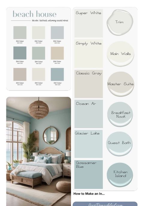 White Blue Walls, Modern Coastal Color Scheme, Coastal Home Paint Palette, Blue And Cream Colour Palette, Beach Home Color Palette, 2024 Coastal Paint Colors, Coastal Color Pallet, Molding Paint Ideas, Light Blue Beach House