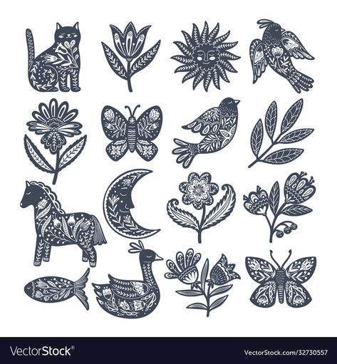 Folk Animals, Abstract Template, Vintage Hipster, Scandinavian Folk Art, Hand Drawn Vector, Cute Cartoon Animals, Decorative Elements, Vector Pattern, Cartoon Illustration