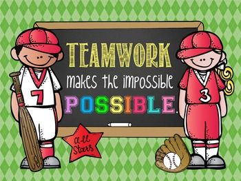 Welcome your teammates back, create an inspiring environment, and encourage positive character with this indoor, lightweight vinyl banner/ poster.   Teachers Pay Teachers Artrageous Fun Sports Classroom Decorations, Sports Day Banner, Physical Education Bulletin Boards, Baseball Theme Room, School Wide Themes, Sports Classroom, Bulletin Boards Theme, Sports Theme Classroom, Team Theme