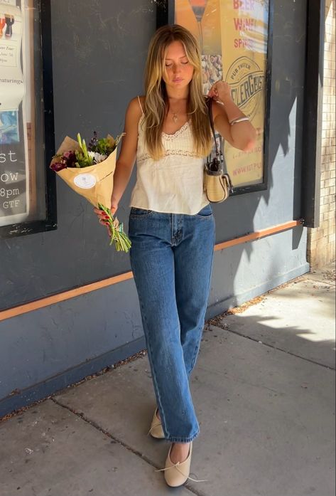 Babydoll Tank Outfit, Floral Cami Top Outfit, How To Style Babydoll Top, Silk Tank Outfit, White Babydoll Top Outfit, Babydoll Tank Top Outfit, White Cami Top Outfit, Flowy Tank Top Outfit, Baby Doll Top Outfit