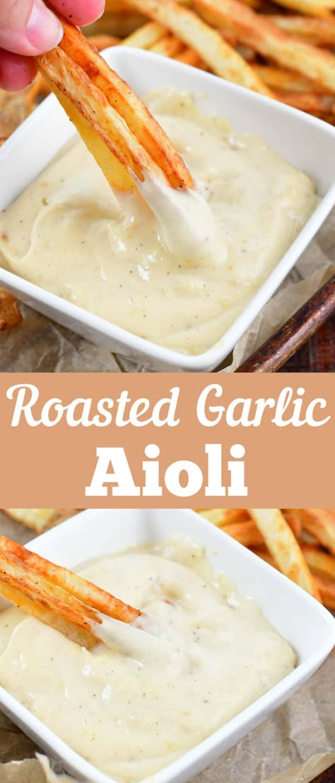 Roasted Garlic Aioli is probably the best dip for your fries you can every try! This garlicky dipping sauce will be the best friend for your fries, or a spread for your sandwiches and burgers. Next time you make roasted garlic, be sure to save a bulb or two for this easy aioli recipe. Sweet Garlic Aioli, Parmesan Truffle Fries With Garlic Aioli, Garlic Parmesan Aioli, Easy Garlic Aioli Recipes, Subway Garlic Aioli Recipe, Garlic Aioli Fries, Garlic Truffle Aioli, Garlic Aioli Burger, Garlic Sauce For Fries