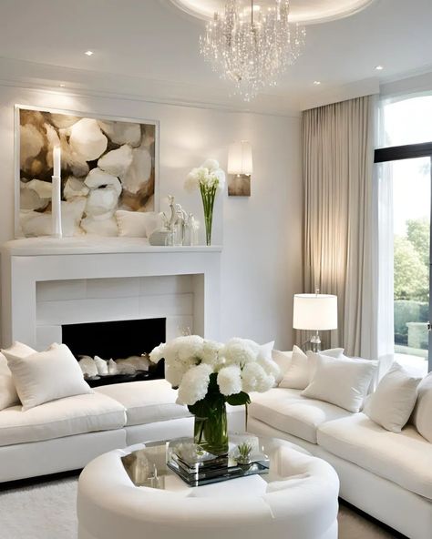 Living room goals! ✨ Loving this bright and elegant space with cozy white sofas, fresh flowers, and that stunning chandelier. Perfect spot to relax and unwind. 🛋️💐 #HomeDecor #LivingRoomInspo #cozyliving All White Living Room, White Living Room Decor, Cream Living Rooms, Cute Living Room, Stunning Chandelier, Condo Design, Homes Interior, Living Room Goals, Relax And Unwind