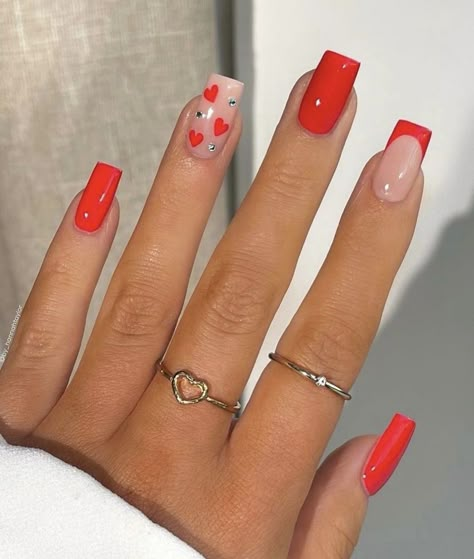 Red French Nails With Heart, Heart Nails Inspiration, Red French Manicure Nails, Red Biab Nails, Red Heart Nail Designs, Nails Hearts, Inspector Calls, Nails Heart, Valentine Nail