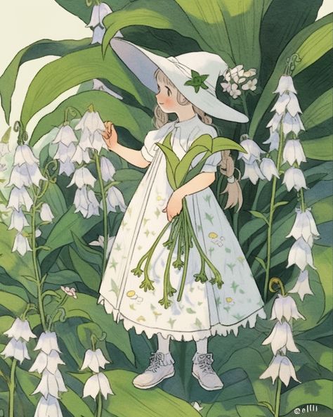 Fairy Lily Of The Valley, Picking Flowers Drawing, Fairy Holding Flower, Flower Shop Drawing, Water Lily Fairy, Snowdrop Fairy, Lily Of The Valley Fairy, Cute Fairies, Snowdrop Flower