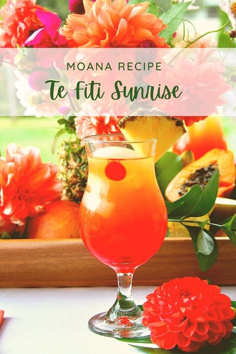 The Te Fiti Sunrise is brimming with flavors of the tropics. Rose grenadine gives a beautiful ombre appearance. Serve this beautiful drink at your next tropical dinner or party. Moana Themed Alcoholic Drinks, Disney Princess Cocktails, Sunrise Drink, Tropical Dinner, Beautiful Drink, Te Fiti, Encanto Party, Moana Theme, Disney Dinner