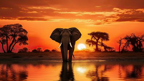 Silhouetted African Elephant during Botswana safari at African sunset African Sunset Photography, African Landscape Photography, Africa Landscape, Animals Landscape, Safari Sunset, Botswana Safari, African Landscape, African Sunset, African Art Paintings