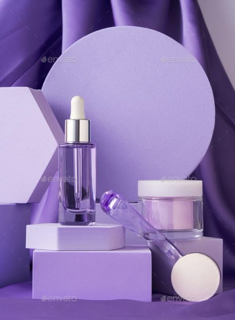 Purple Skincare Aesthetic, Purple Product Photography, Esthetician Lifestyle, Purple Cosmetics, Purple Skincare, Shape Photography, Serum Bottle, Organic Modern Style, Silk Background