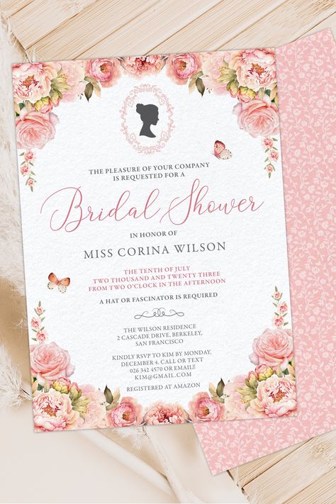 Peachy Pink Bridgerton Themed Bridal Shower Invitation Bridal Shower Themes Bridgerton, Bridgeton Invitation, Bridgerton Bridal Shower Invitations, Bridgeton Bridal Shower Theme, Bridal Shower Ideas Bridgerton, Brigerton Bridal Shower Theme, Lady Whistledown Invitation, Bridal Shower Bridgerton, Bridgerton Bridal Shower Invite