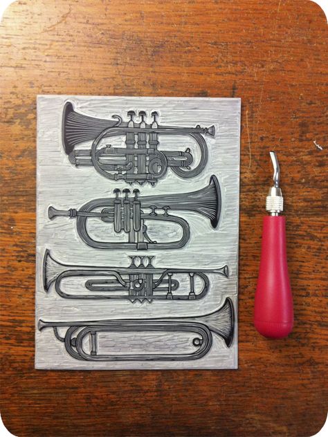 Indiegogo, Letterpress, Relief Print, Linocut, Perk, Thank You, Trumpet, Horns, Printmaking Music Linocut, Linoleum Printmaking, Linocut Ideas, Printmaking Ideas, Box Studio, Printmaking Art, Relief Print, Lino Print, Linoleum