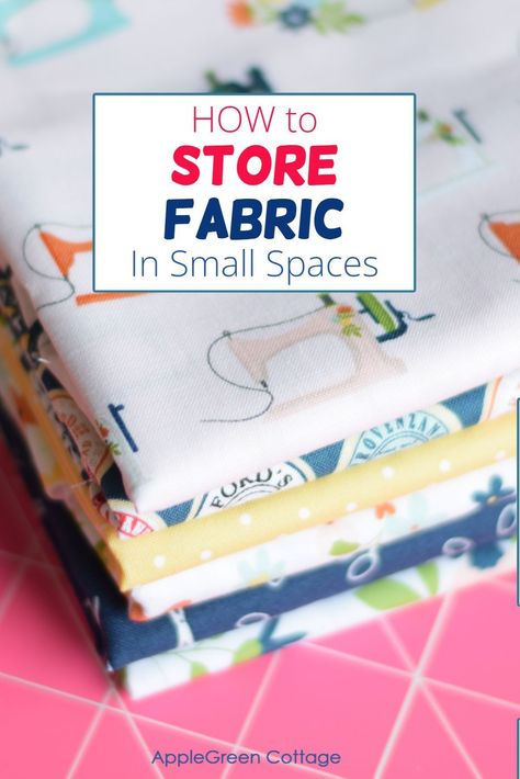 How To Store Fabrics Organizing, Fold Fabric For Storage, Ways To Store Fabric In Sewing Room, Fabric Storage Ideas Small Spaces, Small Space Fabric Storage, Sewing Material Storage, Sewing Fabric Storage Ideas, Material Storage Ideas Organize Fabric, Diy Fabric Storage Ideas