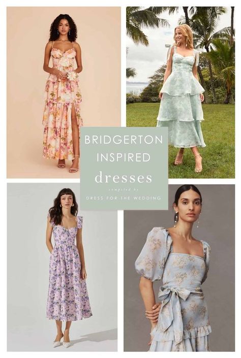 If you're looking for romantic Bridgerton-inspired dresses these modern Regencycore styles are perfect to wear to a wedding as a guest or bridesmaid, or to wear to your next wedding shower, brunch, or garden party event.  Over 50 beautiful styles hand picked by our editors. #bridesmaiddress #bridgertondress #bridgertonstyle #romanticdress #floraldress #weddingguestdress Bridgerton Wedding Guest Dress, Summer Garden Wedding Outfit Guest, Garden Wedding Dress Guest What To Wear, Bridgerton Style Dresses, Bridgerton Party Outfit Ideas, Bridgerton Inspired Dresses, Garden Wedding Guest Dress, Garden Party Outfit Dresses, Bridgerton Outfits