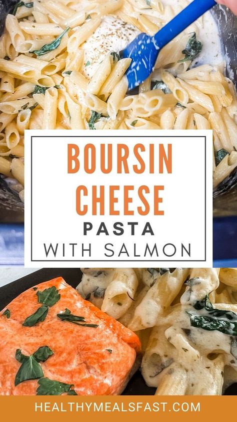 Text reads "Boursin Cheese Pasta with Salmon" over pictures of baked salmon with Boursin cheese sauce Boursin Recipe, Salmon Pasta Bake, Boursin Cheese Pasta, Boursin Pasta Recipe, Boursin Pasta, Pasta With Salmon, Boursin Cheese Recipes, Boursin Recipes, Salmon Steaks