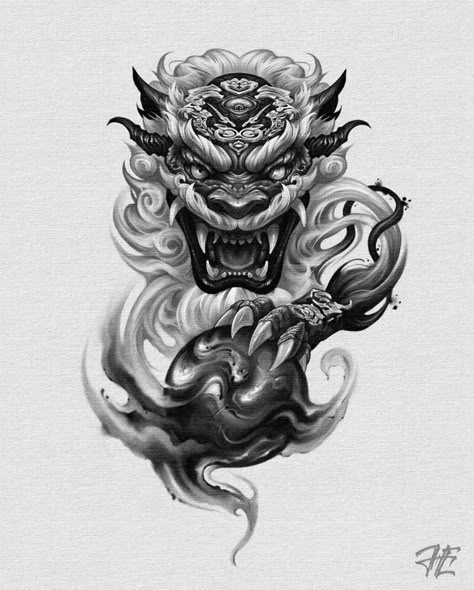 Japanese Foo Dog, Foo Dog Tattoo Design, Half Sleeve Tattoos Sketches, Japanese Snake Tattoo, Tiger Tattoo Sleeve, Foo Dog Tattoo, Simple Forearm Tattoos, Buddha Tattoo Design, Chinese Dragon Tattoos