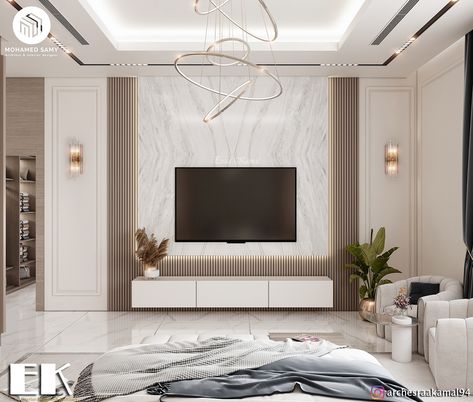 bedroom on Behance Tv Cabiney, Tempat Tv, Warm Home Aesthetic, Tv Cabinet Design Modern, Neoclassic Interior, Bedroom Behance, Tv Unit Interior Design, Wall Tv Unit Design, Home Hall Design